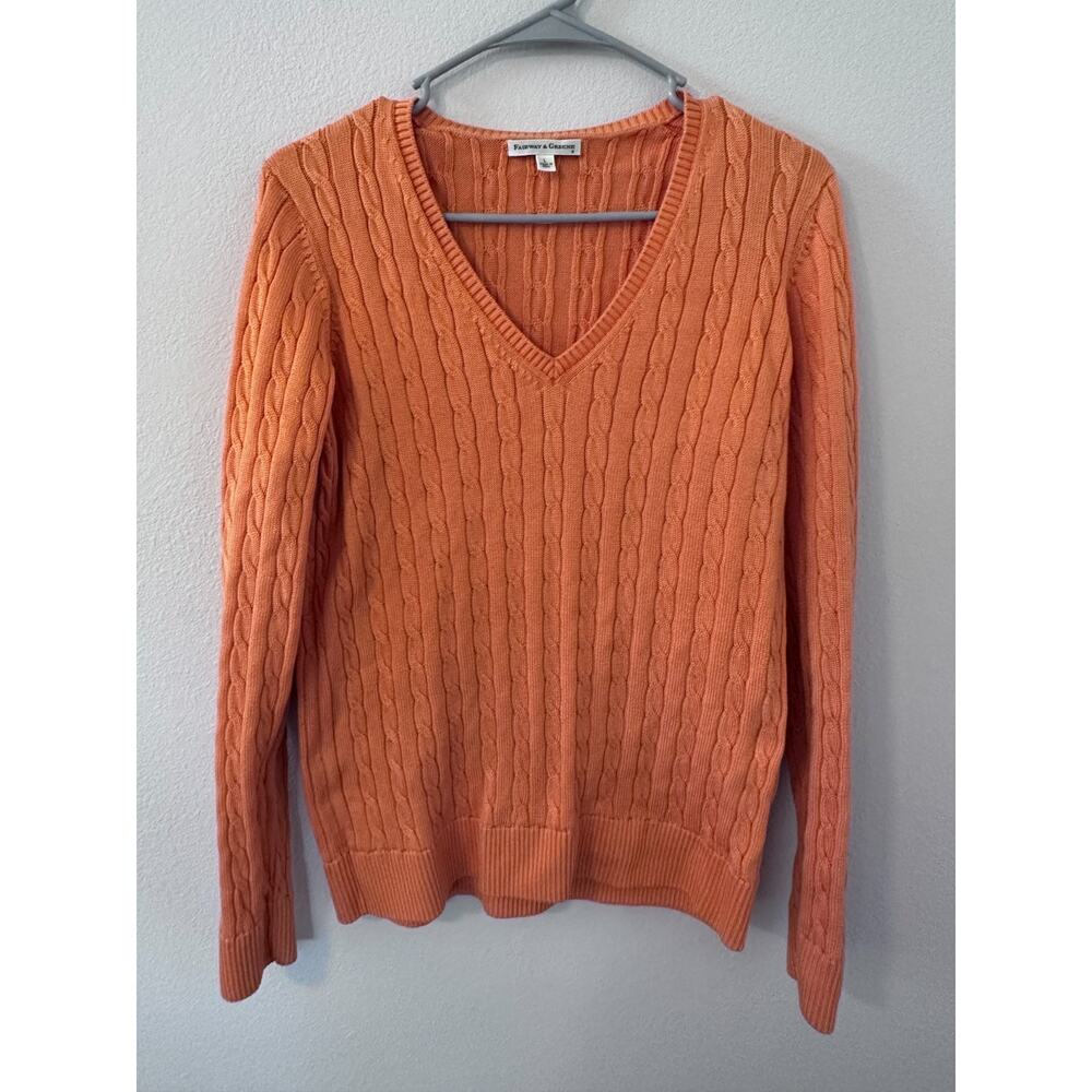Fairway & Greene Women's Large Peach Cable Knit V-Neck Pullover Sweater Cotton